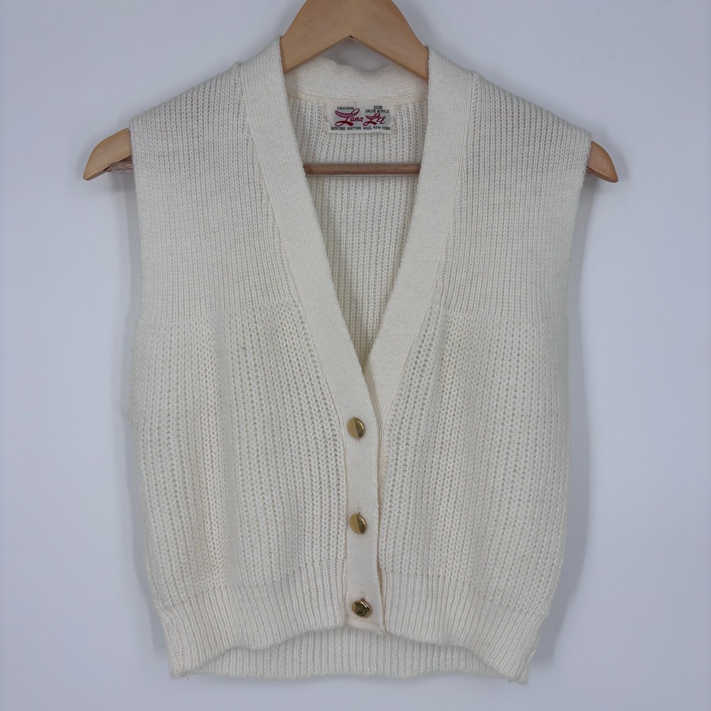 VTG Lana Lee Orlon Acrylic Knit Button Cardigan Vest Womens M (Measured) White